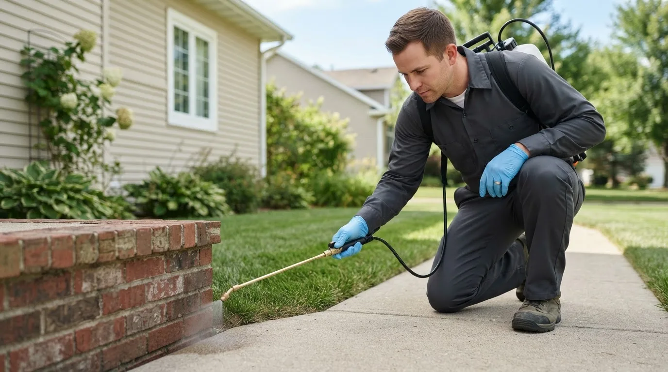 Pest control technician treating a home near Antler, ND